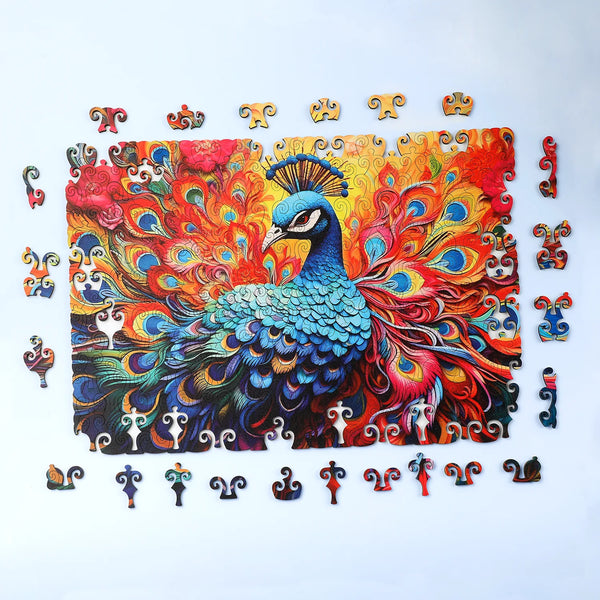 Close-up of the Splendid Peacock Wooden Puzzle – colorful feathers and intricate cuts