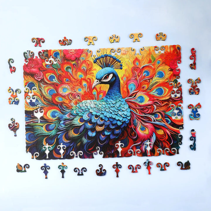 Close-up of the Splendid Peacock Wooden Puzzle – colorful feathers and intricate cuts
