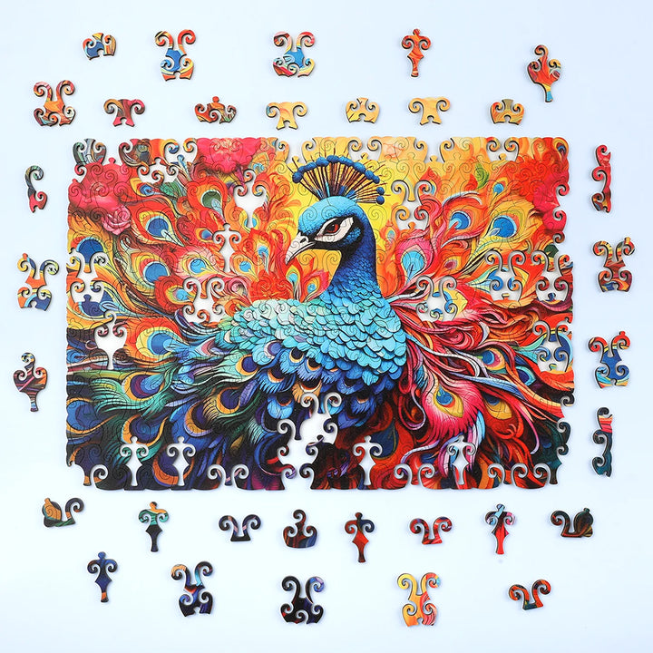 Colorful peacock puzzle with pieces scattered on a light blue background